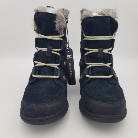 Sorel Explorer Joan Waterproof Snow Boots-Black Leather/Grey Faux Fur- Women's 7 - Picture 4 of 16